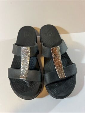 CROCS Black Slide Sandals with Silver Accent